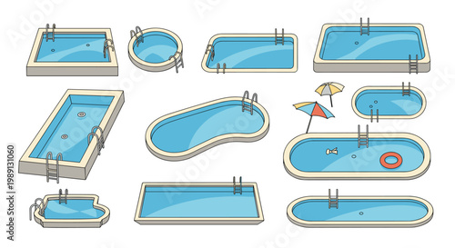 Extensive collection of different swimming pool shapes and designs for backyard planning and recreational facilities.