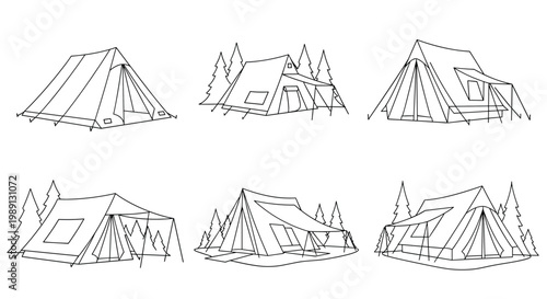 Line art collection of different camping tent styles for outdoor adventure planning and mountaineering trekking guides.