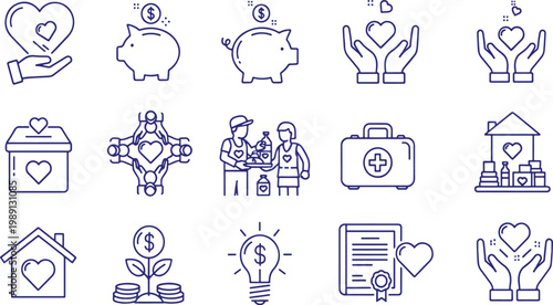 Illustrations of various aspects of charity, healthcare, and community support