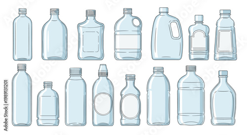 Extensive collection of various empty glass and plastic bottles and jugs with different shapes, sizes, and cap designs for packaging and storage.