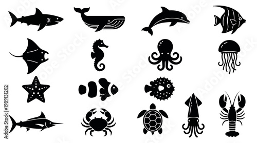 Various sea creature silhouettes including shark whale dolphin octopus and turtle isolated on white background, concept for educational marine posters, nautical logo and ocean infographics