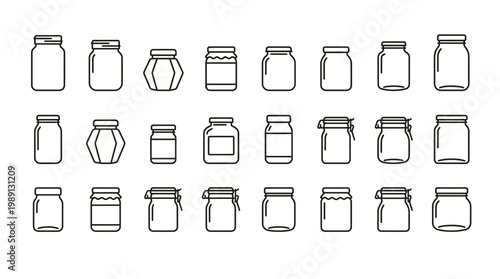 Collection of various glass jar outline icons in different shapes and sizes on white background, concept for product packaging design, kitchen storage organization and food preservation branding