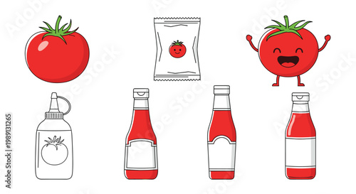 Selection of tomato related items including fresh tomatoes, ketchup bottles, a sachet, and a happy tomato character with a smiling face.