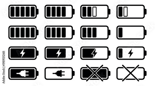 Collection of black battery level indicator icons showing various stages of charge from full to empty, concept for mobile application design, energy management systems and digital interface
