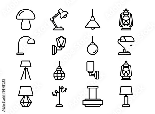 Set of minimalist line icons featuring various table lamps, pendant lights, floor lamps and lanterns, concept for interior design apps, home decor catalog and furniture website interface