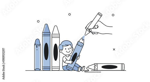 Young boy sitting and coloring with giant crayons while a large hand holds another crayon to draw together in a simple line art style.