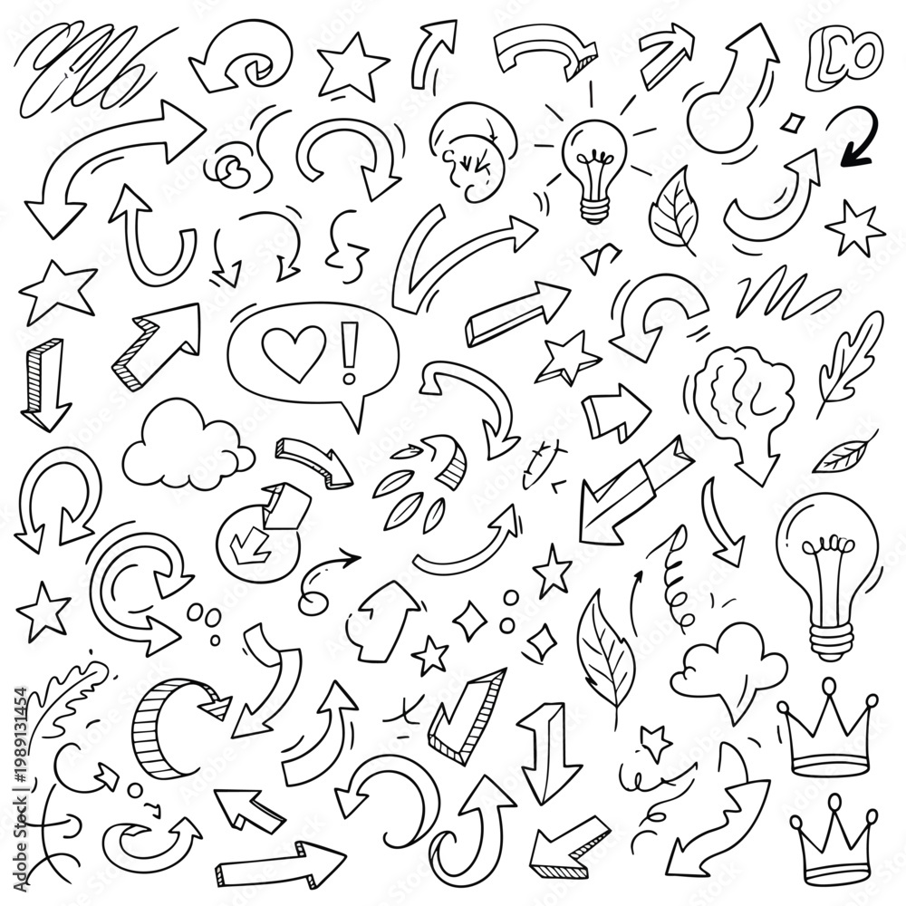 Fototapeta premium Creative Hand Drawn Doodle Style Illustration with Arrows Light Bulbs Clouds and Stars