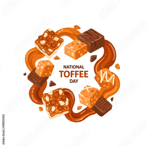 Happy National Toffee Day celebration with delicious caramel candies and sweet treats.