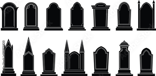 Set of tombstone silhouettes grave markers collection cemetery memorial stones different shapes isolated on white background vector illustration design