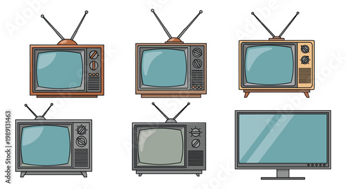 Collection of television sets showing the evolution from vintage bulky wooden models with antennas to a modern slim flat screen TV.