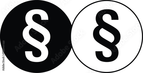 Paragraph symbol icons, legal section marks in circles, black and white law vector set