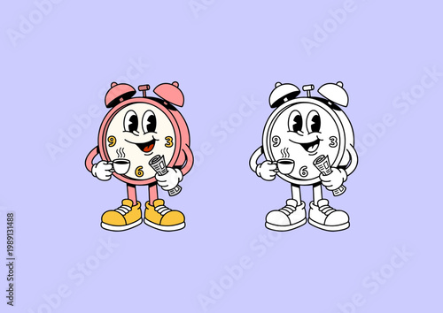 cartoon alarm clocks with smiling faces holding coffee cups and money