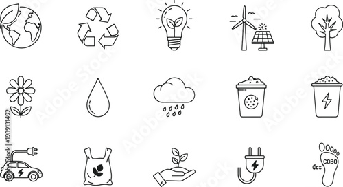 Illustrations of various environmental and sustainability icons