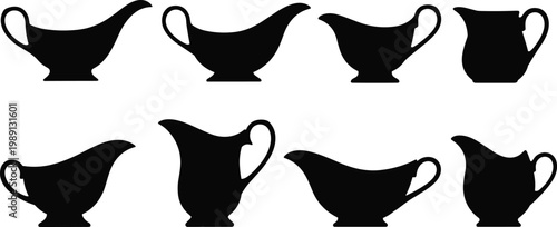 Set of gravy boat silhouettes sauce jug collection kitchen tableware serving dish icons isolated on white background vector illustration