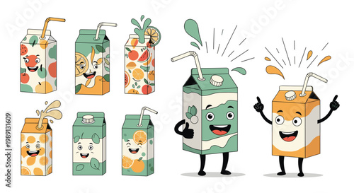 Collection of cute juice box characters with smiling faces and various fruit patterns including orange, lemon, and watermelon slices.