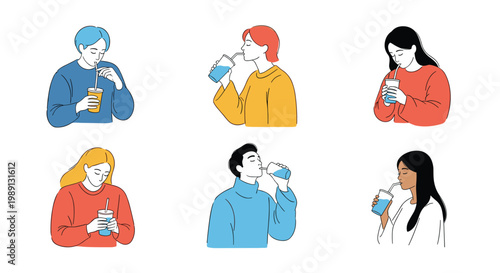 Set of diverse people in colorful sweaters enjoying beverages from cups with straws shown in a clean line art style with solid colors.