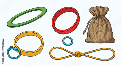 Assorted colorful plastic rings and bands next to a knotted rope and a textured burlap sack tied with a string on a light blue background.