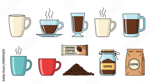 Extensive set of coffee related items featuring various cups and mugs, coffee beans, a jar of instant coffee, a packet, and a bag.
