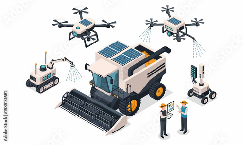 Bild auf Leinwand Smart farming technology with drones, autonomous robots, and combine harvester