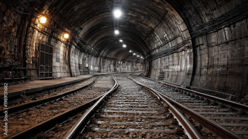 Railway tracks inside underground tunnel with industrial lighting, showcasing transportation infrastructure and engineering construction.