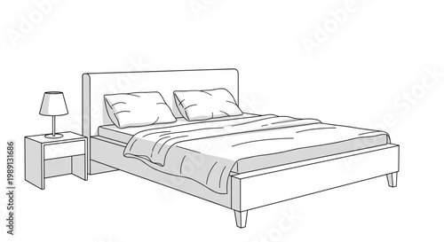 Minimalist line art illustration of a modern double bed with pillows and a blanket next to a nightstand with a small bedside lamp.