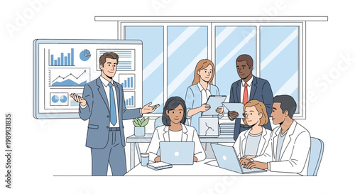 Business meeting with presentation, diverse team discussing strategy and charts