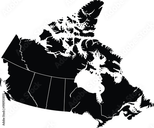 Canada map vector, black silhouette with provincial borders, north america geography icon