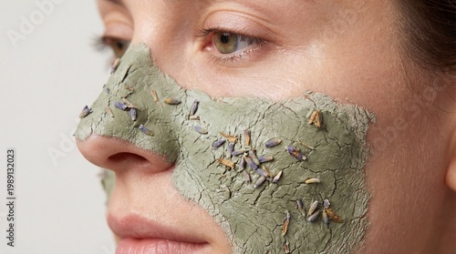 Close-up portrait of a woman wearing a textured clay face mask, highlighting natural skincare, self-care rituals, and clean beauty wellness concepts.