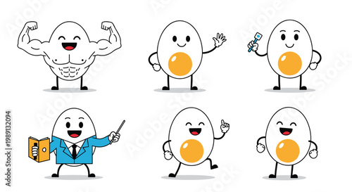 Group of funny cartoon egg characters are depicted in various professional roles such as a bodybuilder, doctor, and a teacher.