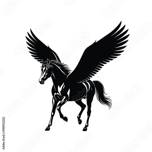 Black winged horse silhouette flying.
