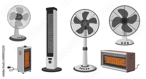 Set of household cooling and heating appliances includes tower fans, desk fans, pedestal fans, and portable electric space heaters.