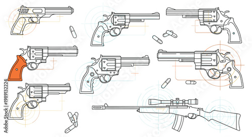 Detailed technical illustrations of various revolvers, pistols, and a long-range hunting rifle with a scope are shown in a layout.