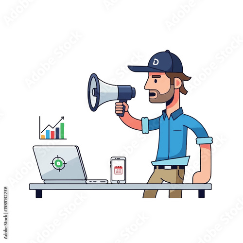 Man with Megaphone Announcing Business Growth Data on Laptop.
