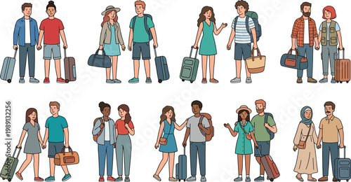 Travelers and Tourist Couples Vector Set with Luggage and Backpacks in Casual Outfit for Vacation, Journey, Travel Lifestyle, and Holiday Illustration Design