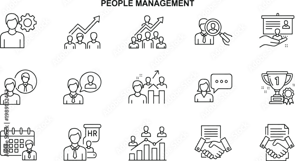 Fototapeta premium Key concepts and practices in effective people management illustrated through icons