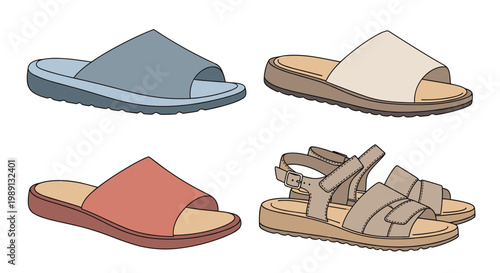 Four styles of casual summer footwear including three types of slides and a pair of strappy sandals are shown in earthy colors.