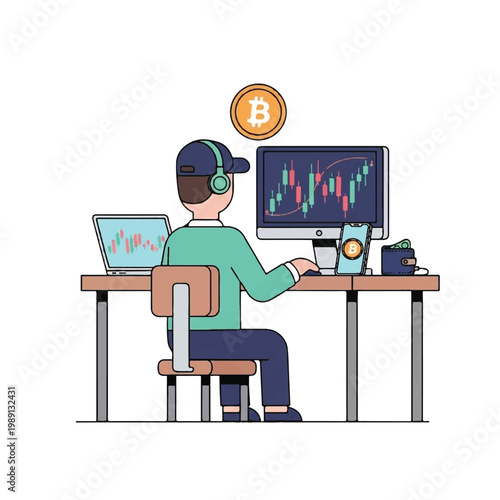 Man working on cryptocurrency trading desk with multiple screens.