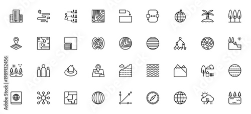 Geography icon set. Vector illustration pack featuring city, map, globe, compass, mountain, river, weather and more. Editable stroke symbols for location, topography, environment.