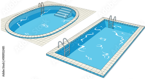 Aerial perspective drawings show two different styles of luxury swimming pools including a rectangular and an oval-shaped design.