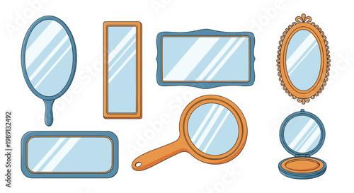 Collection of various types of mirrors including hand-held, wall-mounted, and portable compact versions in different decorative frames.