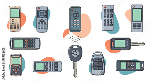 Assortment of various electronic remote controls and car key fobs with functional buttons are shown in an organized collection.