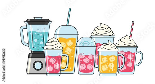Large group of colorful iced drinks, sweet milkshakes, and fruity smoothies with whipped cream are shown next to an electric blender.
