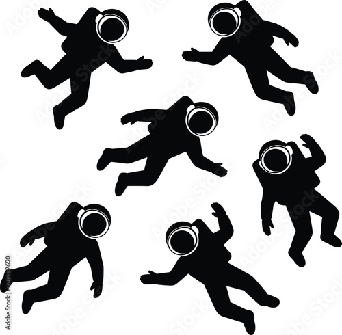 astronaut silhouette set, floating spaceman vector, zero gravity pose collection, space exploration concept, black minimal design, cosmic illustration, isolated clipart