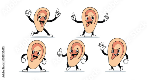 Funny cartoon ear characters with arms and legs are depicted in various active and energetic poses across a professional sequence.