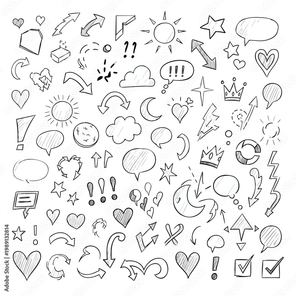 Fototapeta premium Collection of Hand Drawn Style Doodles Including Symbols Icons and Expressions for Creative Projects