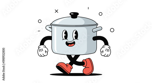 Playful cartoon cooking pot character with a lid, arms, and legs walks confidently with a joyful and friendly smile on its face.