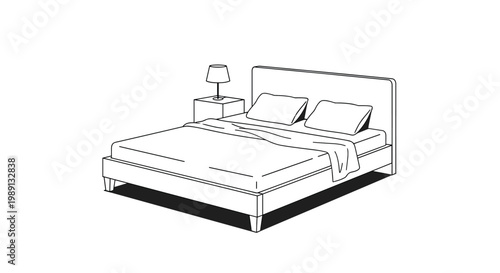 Simple line drawing illustrates a modern bedroom setup featuring a double bed with plush pillows and a lamp on a nightstand.