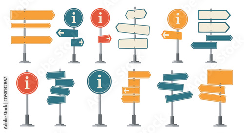 Set of various information and directional signs in different vibrant colors and styles are shown on tall sturdy metal pedestals.