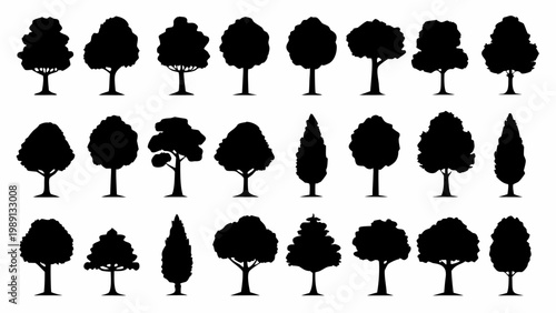 A collection of diverse tree silhouettes in black against a stark white background