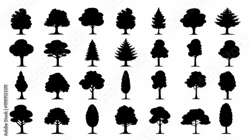 A collection of various black silhouette trees against a clean white background